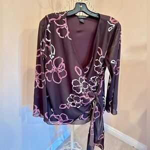 Lane Bryant Brown Floral Print Wrap Blouse with Side Tie, size 14/16